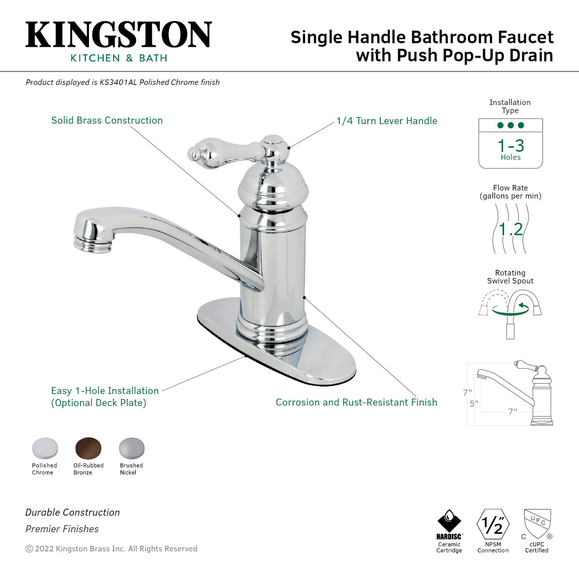 Kingston Heirloom KS3401AL - Vintage One-Handle 1-Hole Bathroom Faucet with Deck Plate and Push Pop-Up Drain, Polished Chrome — thumbnail 2